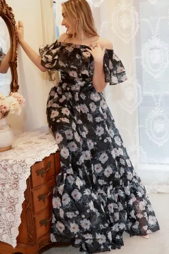 Preto Fora do Ombro Mais Tamanho Vestido de Noite