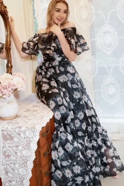 Preto Fora do Ombro Mais Tamanho Vestido de Noite