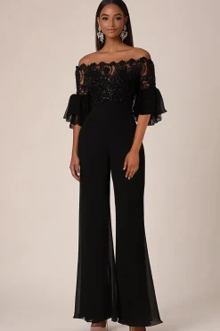 Preto fora do ombro meias mangas Chiffon macacões longos