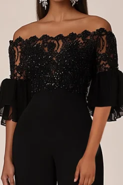 Preto fora do ombro meias mangas Chiffon macacões longos