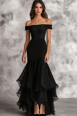 Preto Fora do Ombro Sereia Longo Vestido De Baile