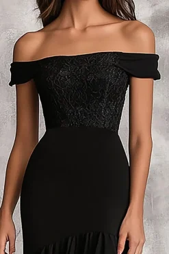 Preto Fora do Ombro Sereia Longo Vestido De Baile