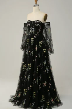 Preto Fora do Ombro Vestido Cerimónia A Line