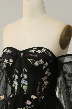 Preto Fora do Ombro Vestido Cerimónia A Line