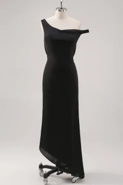 Preto frio bainha de ombro assimétrico vestido formal