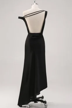 Preto frio bainha de ombro assimétrico vestido formal