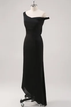 Preto frio bainha de ombro assimétrico vestido formal