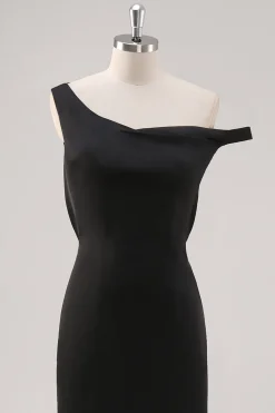 Preto frio bainha de ombro assimétrico vestido formal