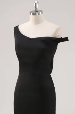 Preto frio bainha de ombro assimétrico vestido formal