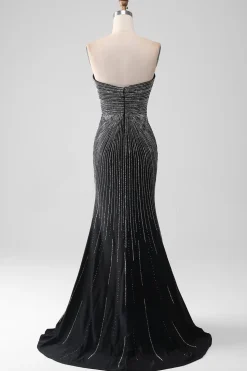 Preto Glitter Strapless Sereia Prom Dress com Fenda