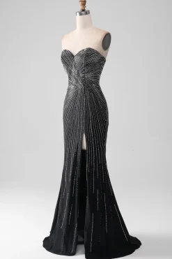 Preto Glitter Strapless Sereia Prom Dress com Fenda