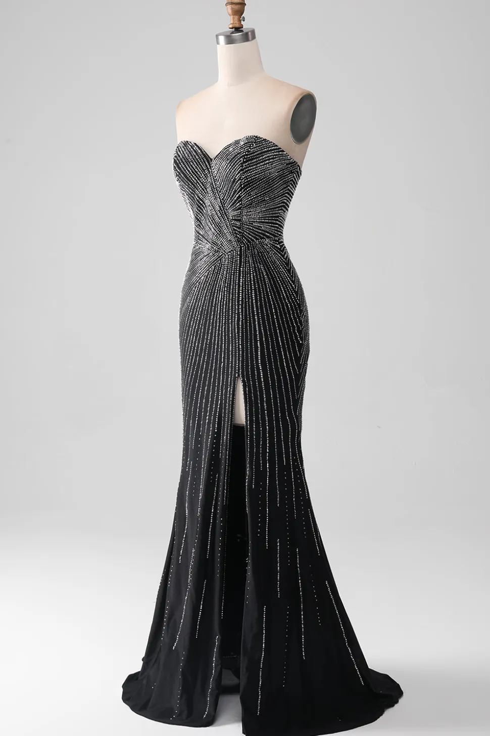 Preto Glitter Strapless Sereia Prom Dress com Fenda