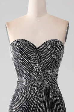 Preto Glitter Strapless Sereia Prom Dress com Fenda