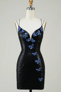 Preto Glitter Tight Homecoming Dress com Sequins Borboletas