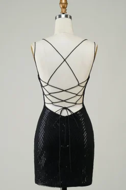 Preto Glitter Tight Homecoming Dress com Sequins Borboletas