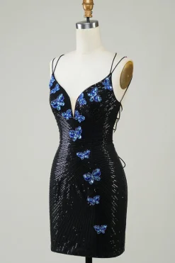 Preto Glitter Tight Homecoming Dress com Sequins Borboletas