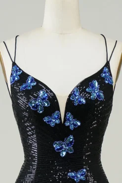 Preto Glitter Tight Homecoming Dress com Sequins Borboletas