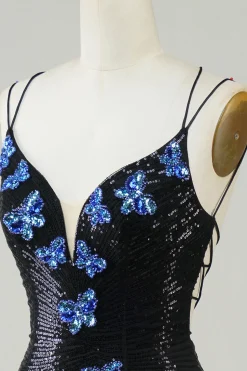 Preto Glitter Tight Homecoming Dress com Sequins Borboletas