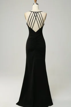 Preto Halter Vestido de Dama de Honor com Costa Aberta