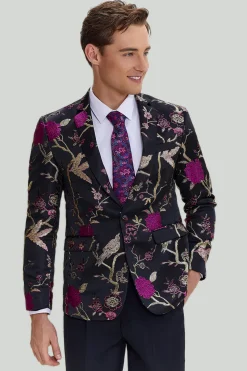 Preto Jacquard Satin Lapela Shawl Blazer de Festa