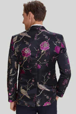 Preto Jacquard Satin Lapela Shawl Blazer de Festa