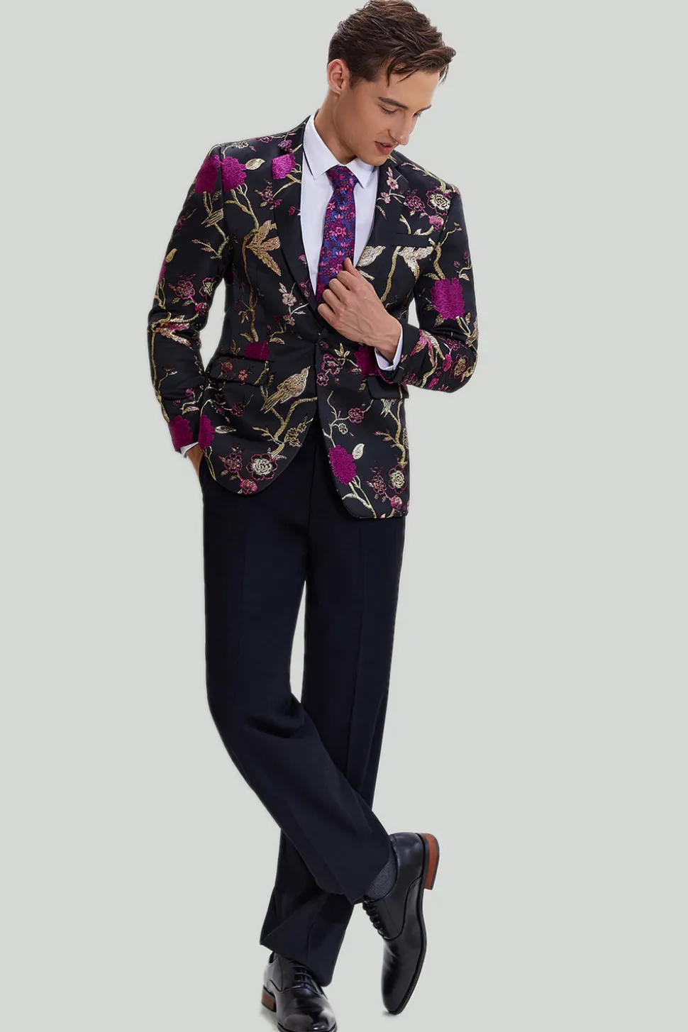 Preto Jacquard Satin Lapela Shawl Blazer de Festa