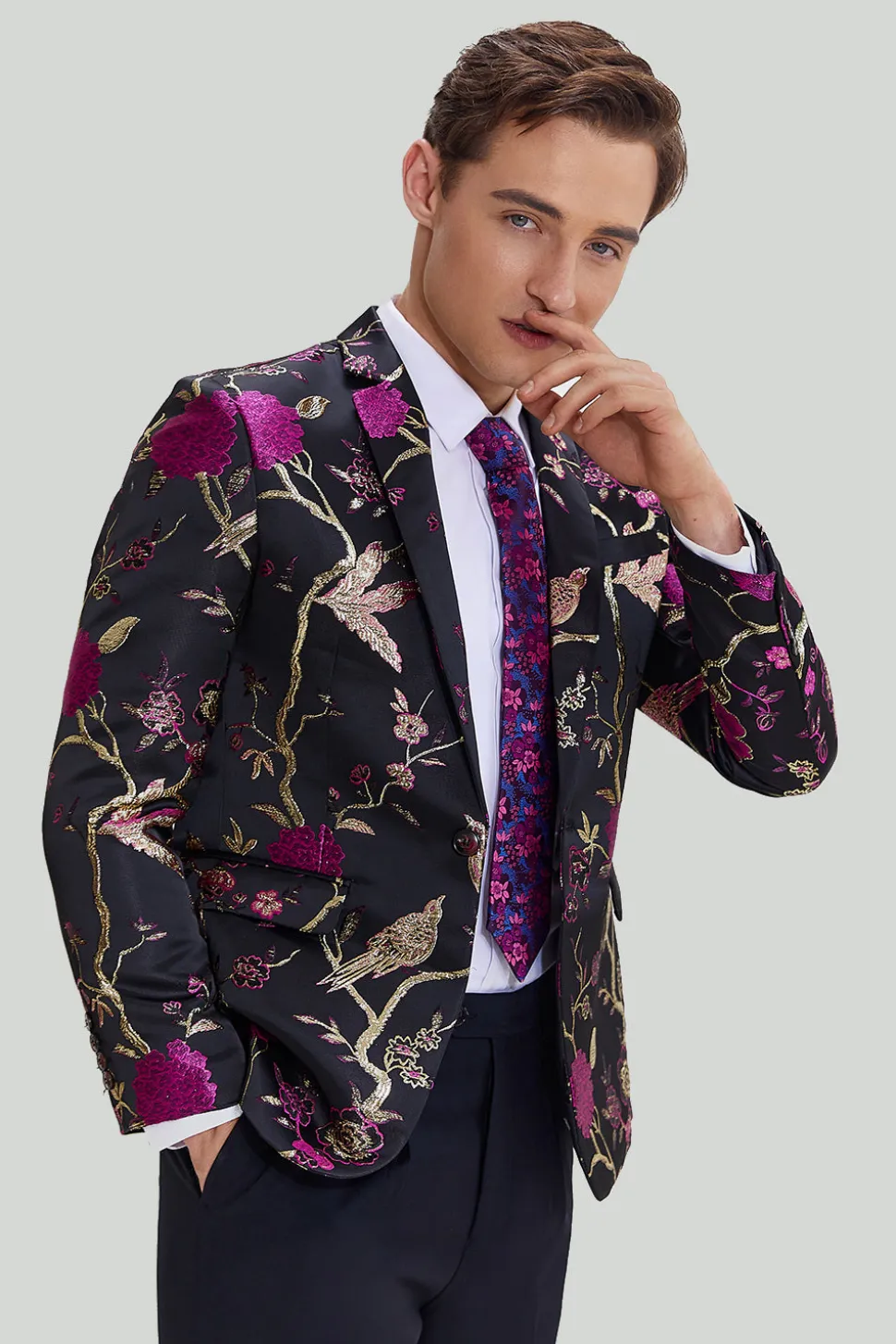 Preto Jacquard Satin Lapela Shawl Blazer de Festa