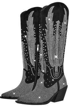 Preto Knee-High transparente brilhante glitter pontiagudo sapatos
