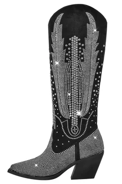 Preto Knee-High transparente brilhante glitter pontiagudo sapatos