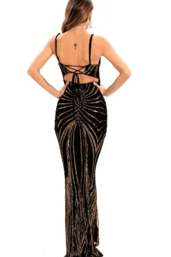 Preto Lantejoulas Esparguete Correia Backless Bodycon Vestido de Noite Longo