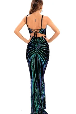 Preto Lantejoulas Esparguete Correia Backless Bodycon Vestido de Noite Longo