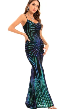 Preto Lantejoulas Esparguete Correia Backless Bodycon Vestido de Noite Longo