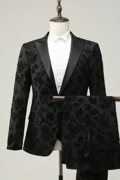 Preto Lapela de Pico Jacquard Fato Masculino