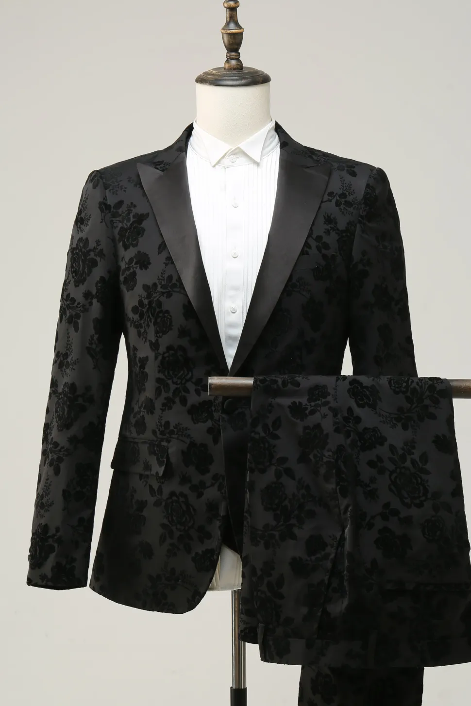 Preto Lapela de Pico Jacquard Fato Masculino