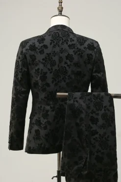 Preto Lapela de Pico Jacquard Fato Masculino