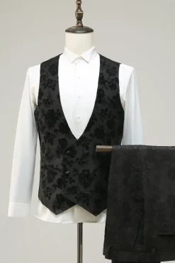 Preto Lapela de Pico Jacquard Fato Masculino