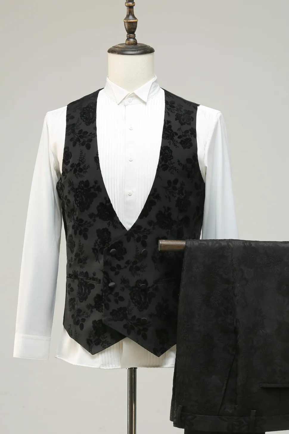 Preto Lapela de Pico Jacquard Fato Masculino