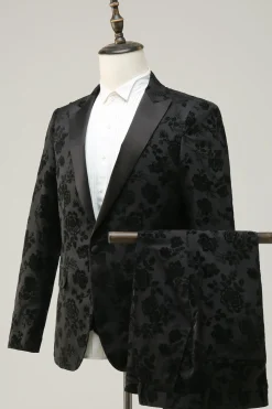 Preto Lapela de Pico Jacquard Fato Masculino