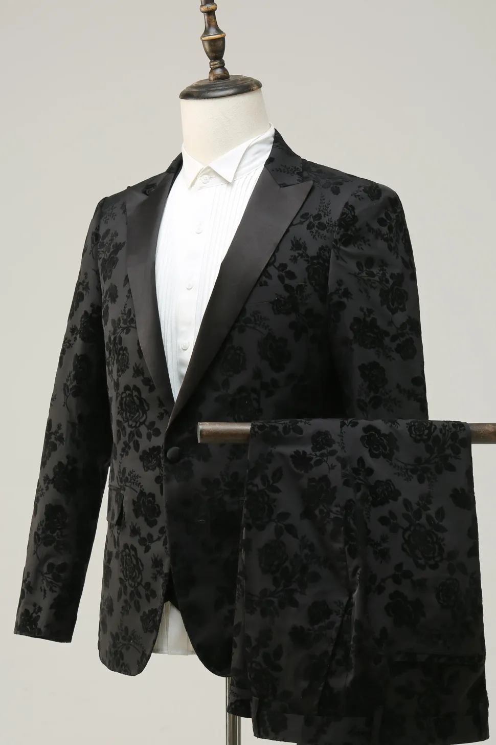 Preto Lapela de Pico Jacquard Fato Masculino