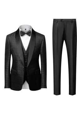 Preto Lapela Redonda Jacquard 3 Peças Terno para Homem