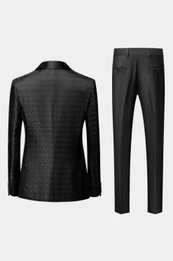 Preto Lapela Redonda Jacquard 3 Peças Terno para Homem