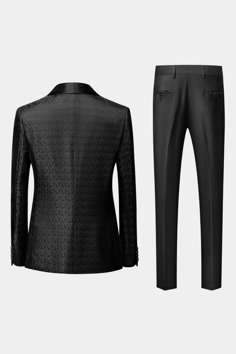 Preto Lapela Redonda Jacquard 3 Peças Terno para Homem