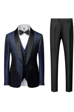 Preto Lapela Redonda Jacquard 3 Peças Terno para Homem