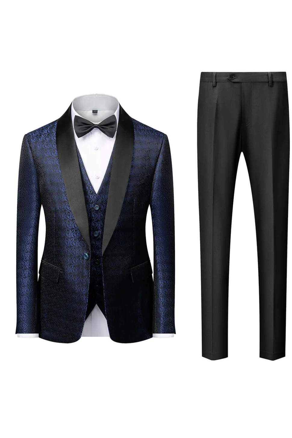 Preto Lapela Redonda Jacquard 3 Peças Terno para Homem