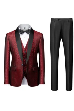 Preto Lapela Redonda Jacquard 3 Peças Terno para Homem
