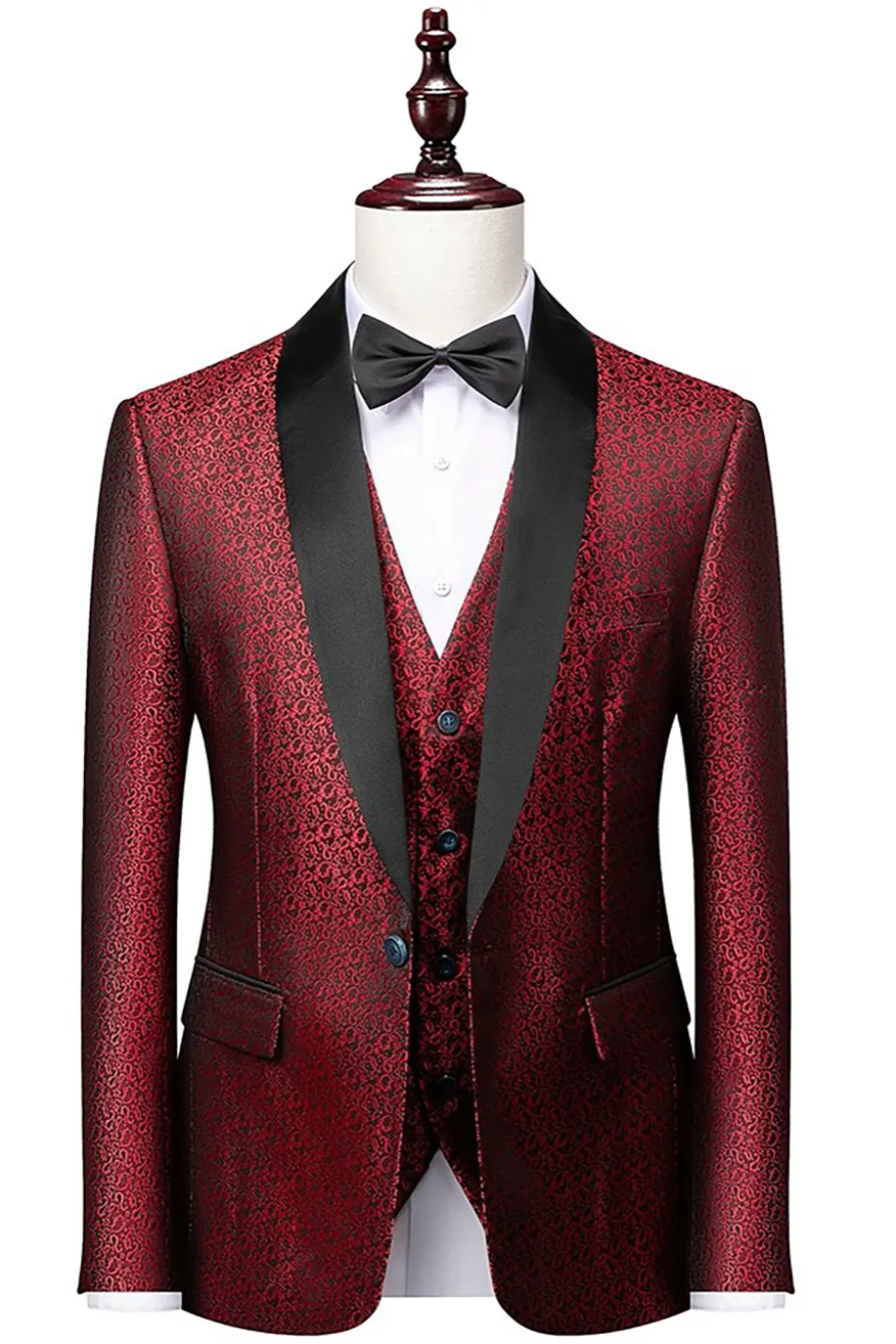 Preto Lapela Redonda Jacquard 3 Peças Terno para Homem