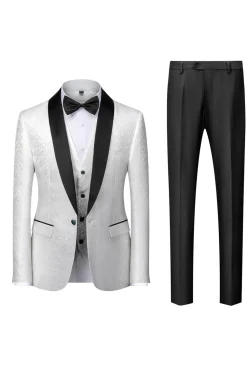 Preto Lapela Redonda Jacquard 3 Peças Terno para Homem
