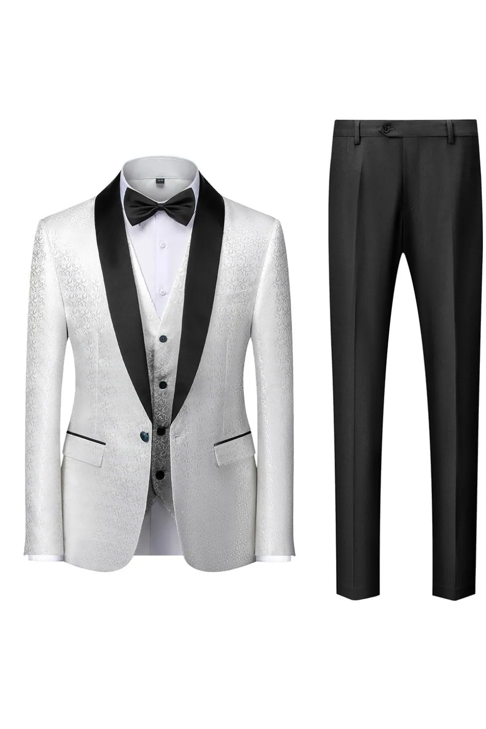 Preto Lapela Redonda Jacquard 3 Peças Terno para Homem