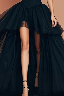 Preto Linha-A Decote Em Coração Tule Assimétrico Vestido de Baile
