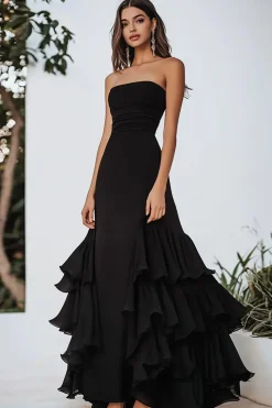 Preto Linha-A Direto Plissado Chiffon Longos Vestido Cerimónia